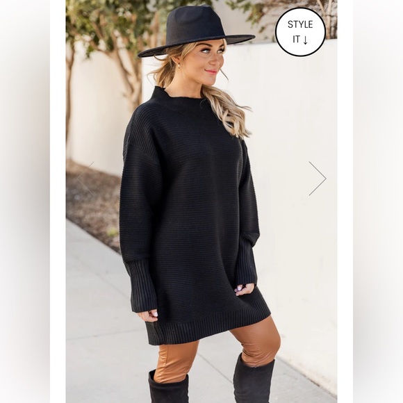 Pink Lily Future Starts Now Black Mock Neck Sweater Mini Dress Tunic New - Picture 2 of 10